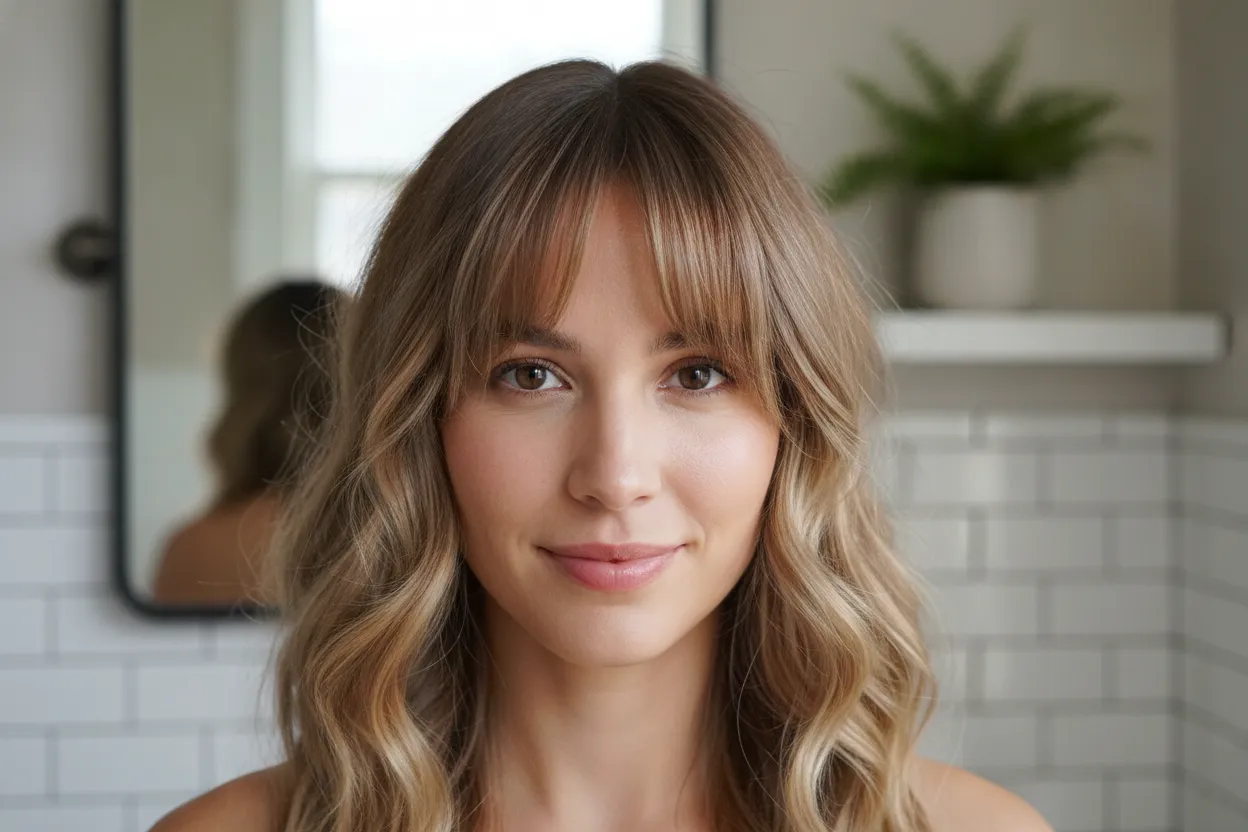 Natural wavy curtain bangs styled with curl cream
