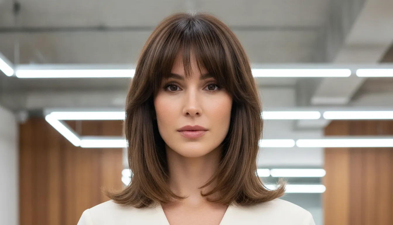 Brunette curtain bangs with subtle volume