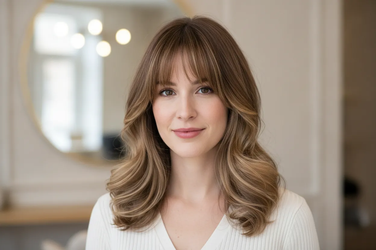 Curtain bangs with face framing layers and highlights