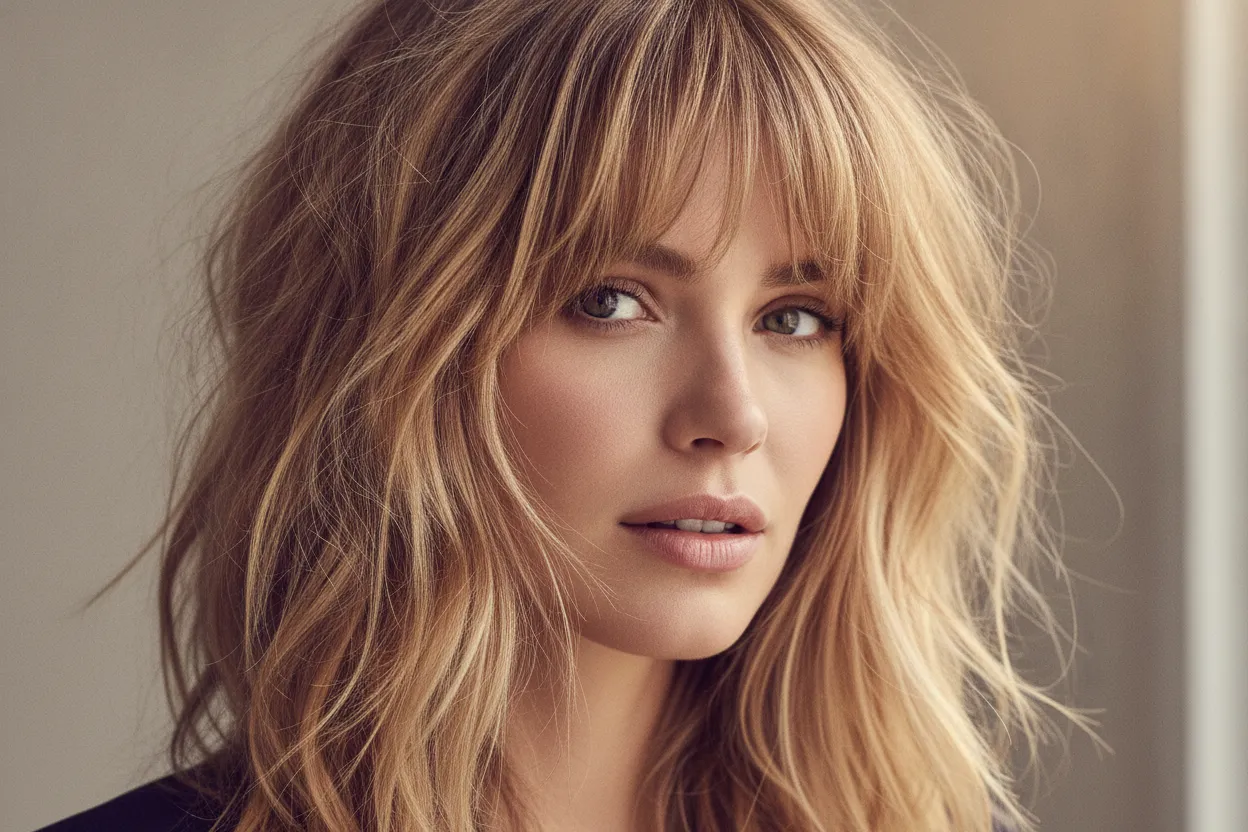 Shag haircut with tousled curtain bangs