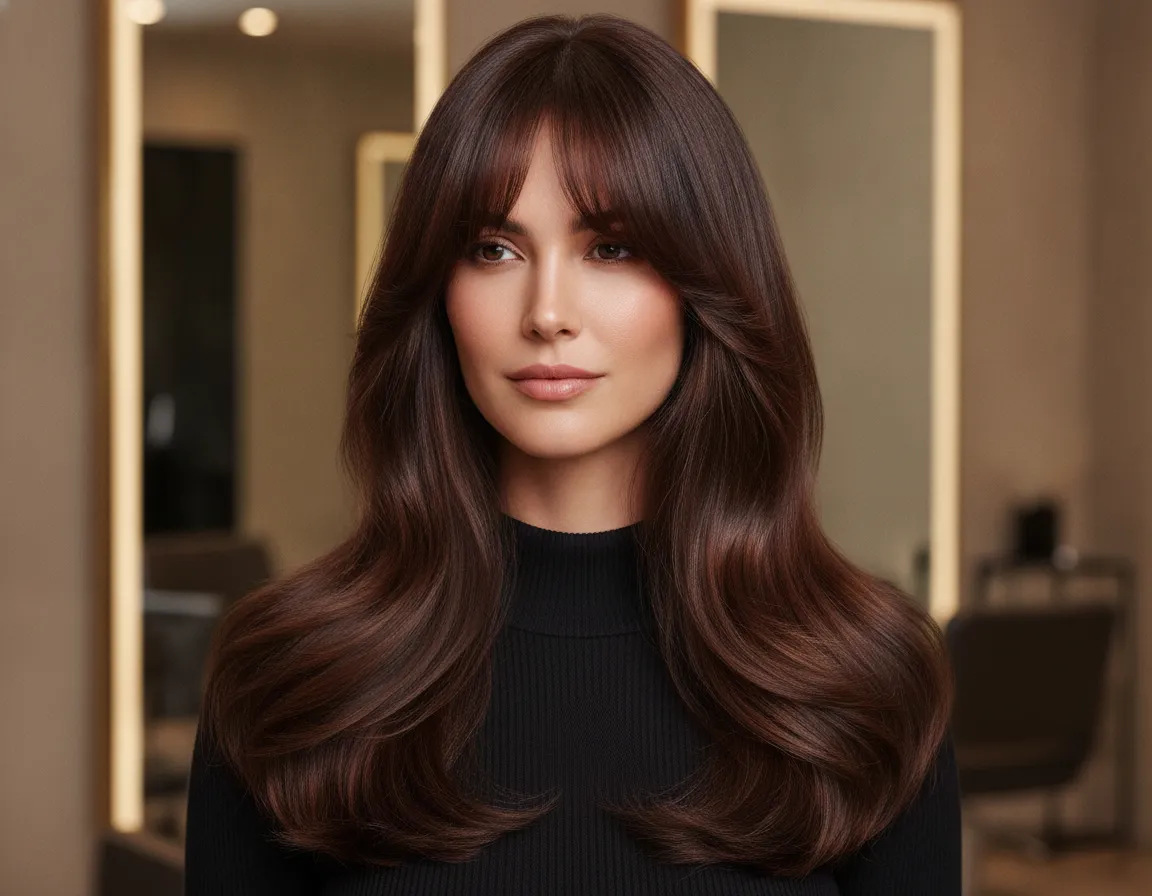 Long curtain bangs on thick hair
