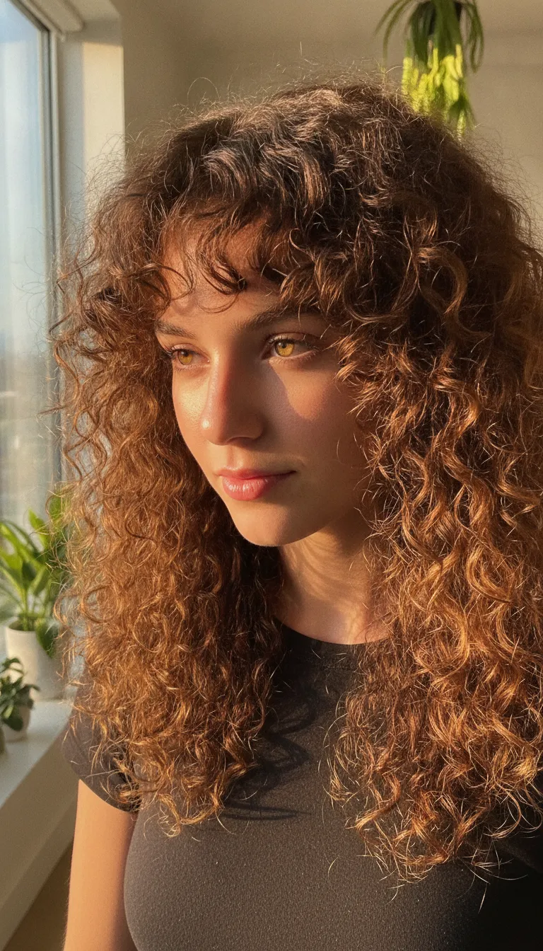 Curly curtain bangs with defined ringlets
