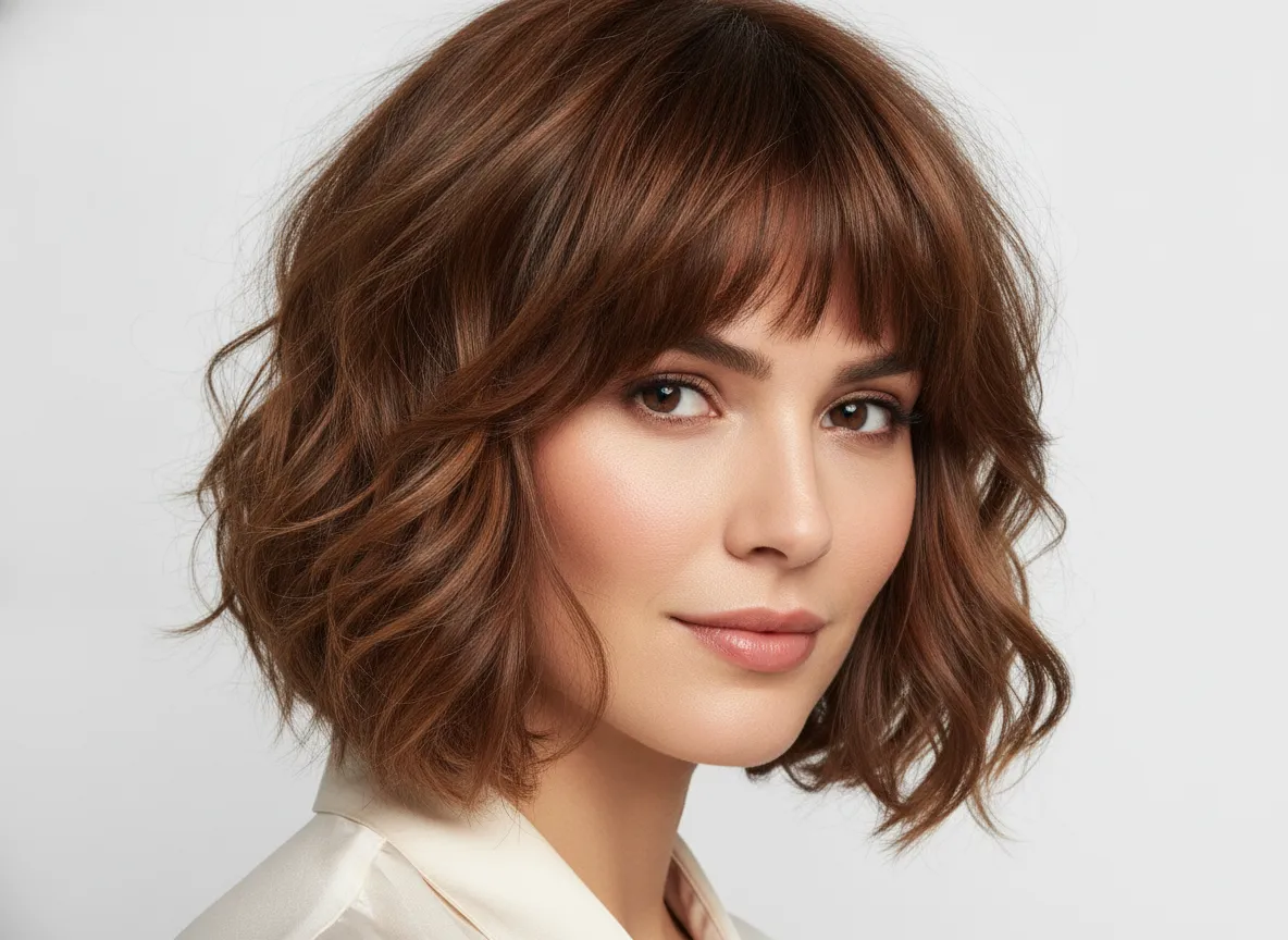 Short curtain bangs with a layered bob