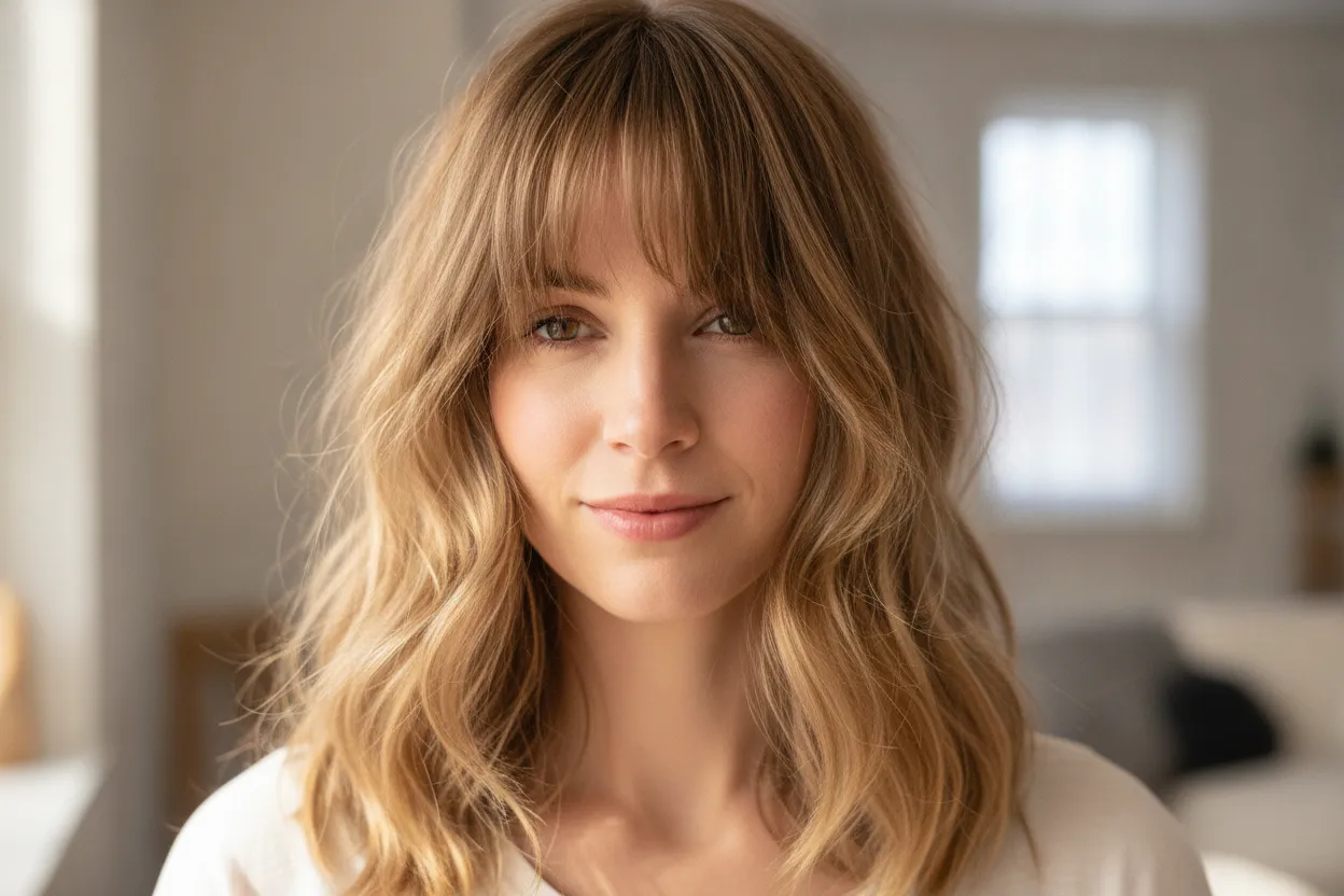 Air dried curtain bangs with natural waves