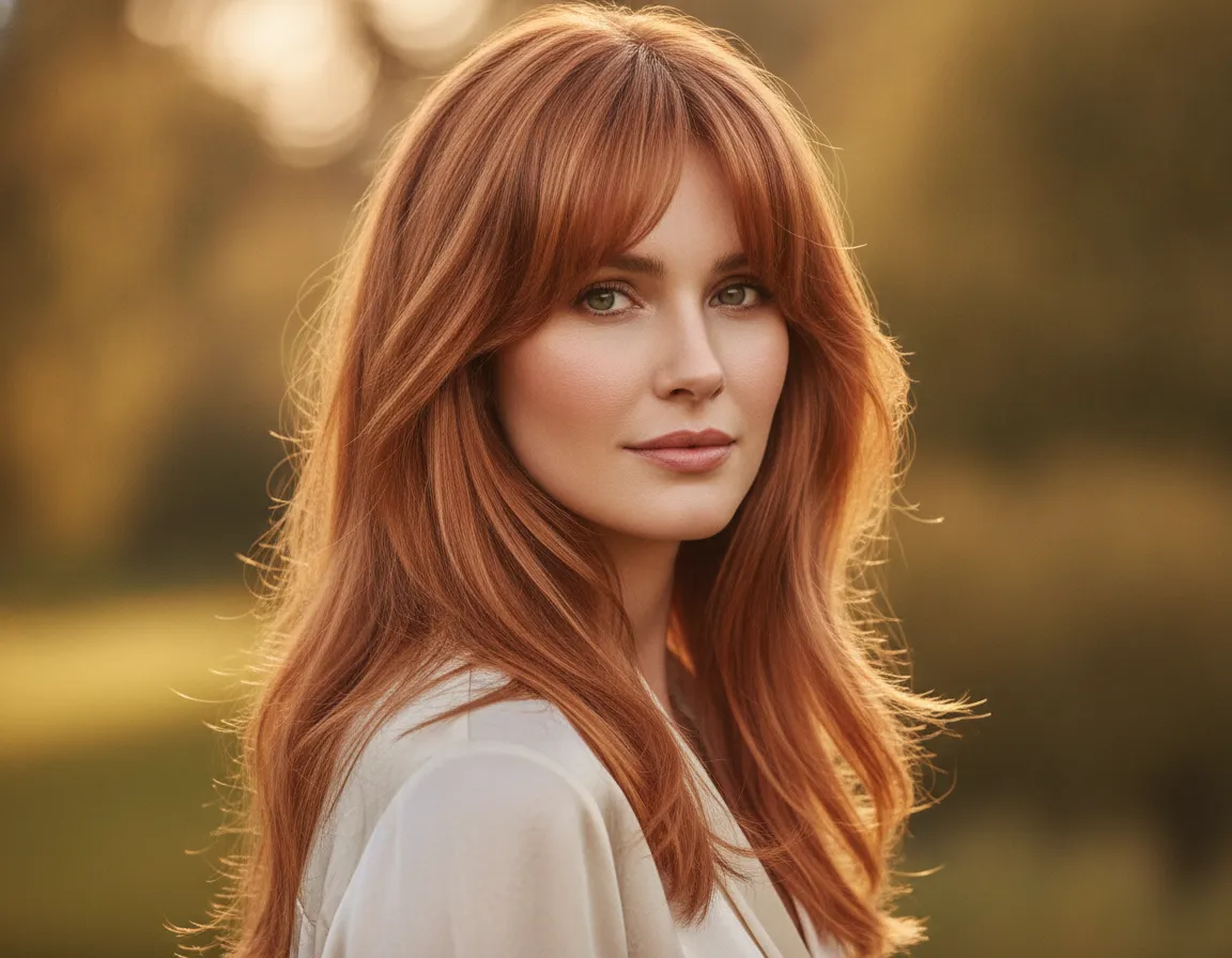 Curtain bangs with warm copper hair color