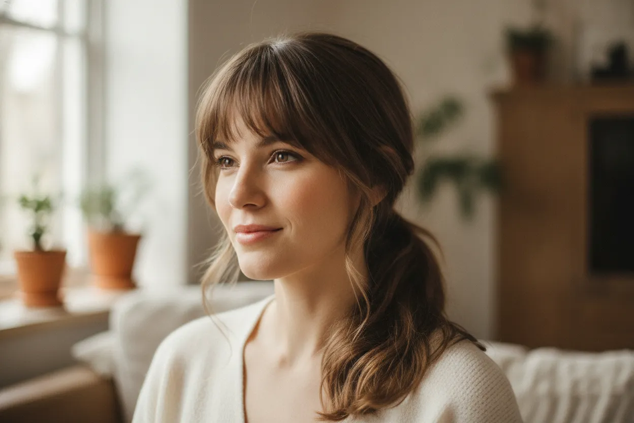 Curtain bangs with a loose ponytail
