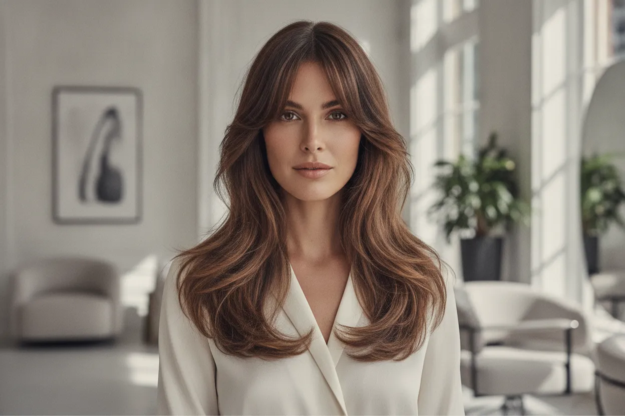 Long curtain bangs with layered brown hair and a middle part