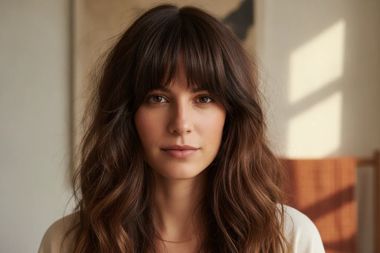 Textured curtain bangs with beach waves