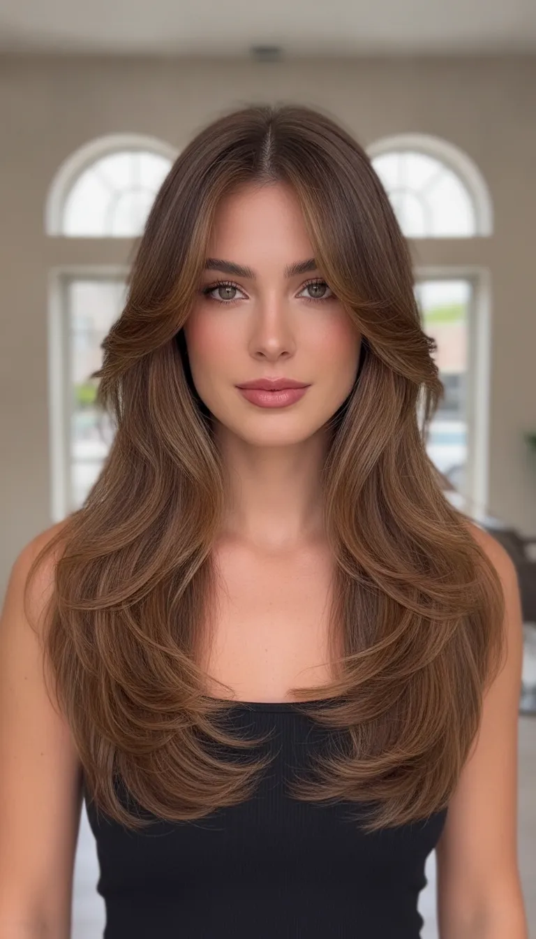 Long curtain bang pieces around the cheekbones
