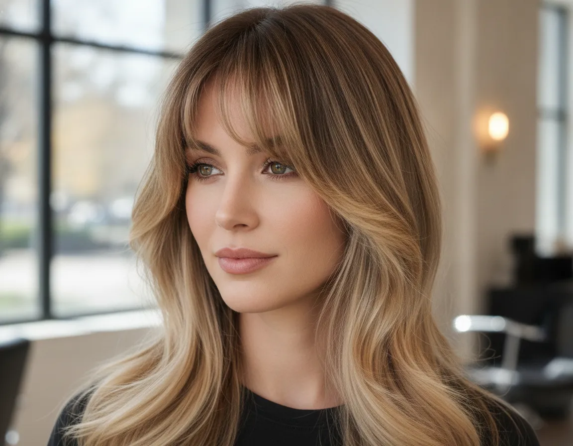 Soft curtain bangs with dark roots