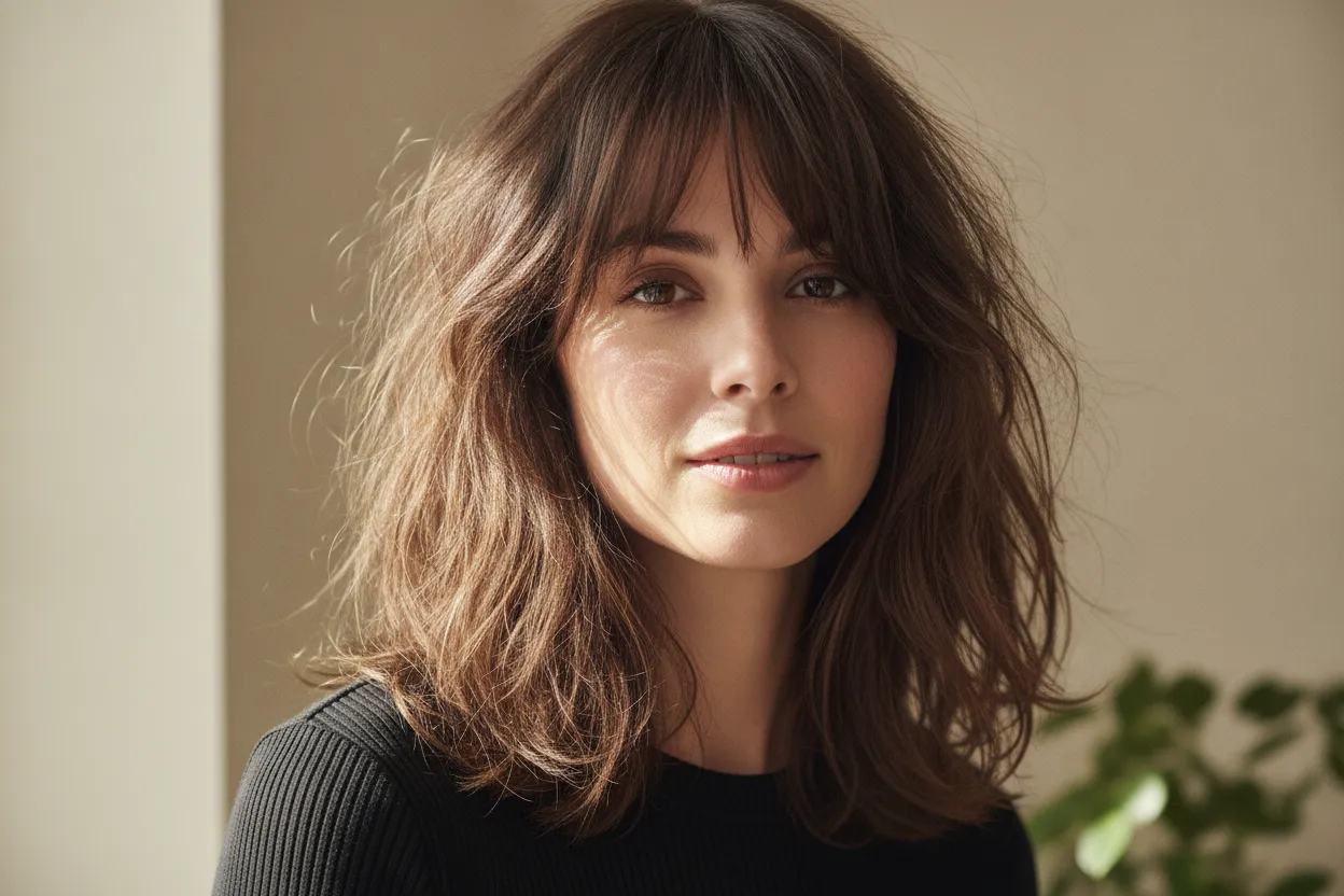 Curtain bangs with tousled shoulder length hair