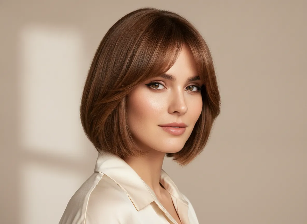 Short bob with wispy curtain bangs and soft volume