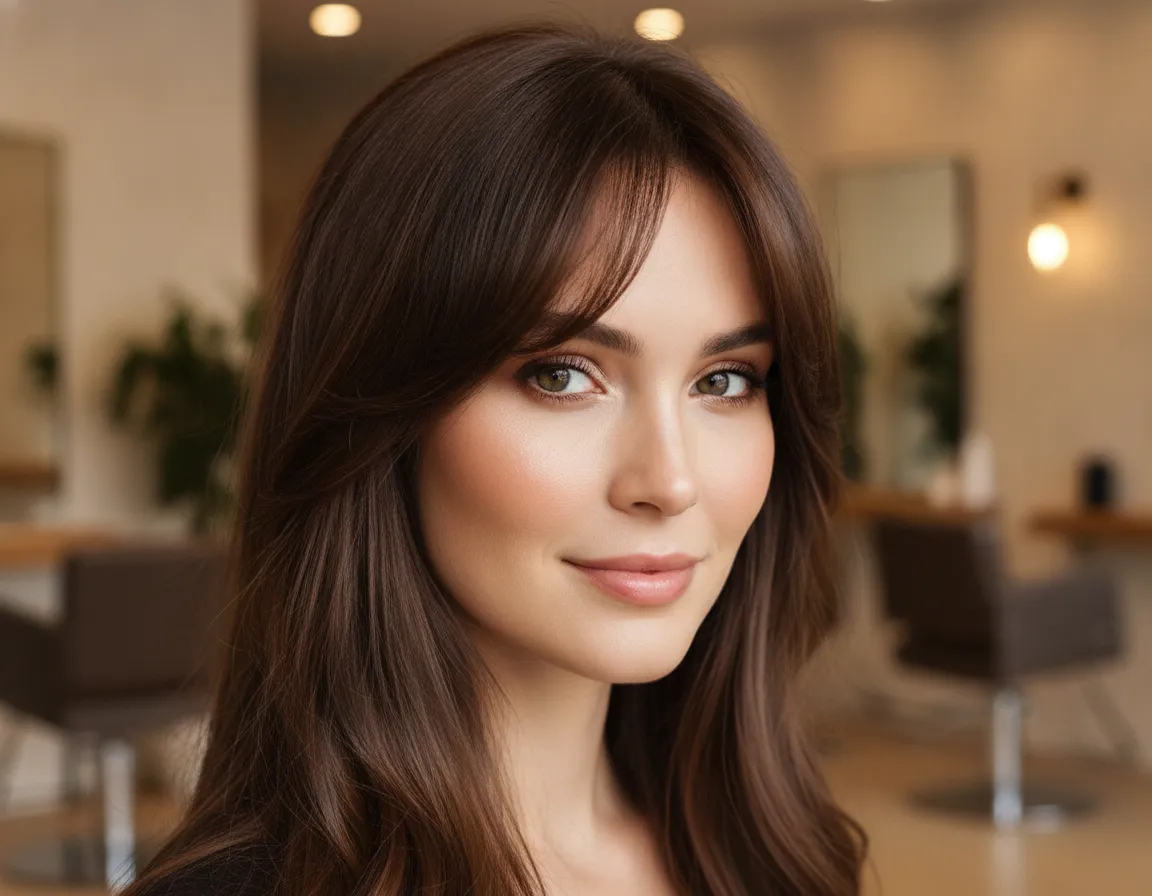 Long curtain bangs with a subtle side sweep