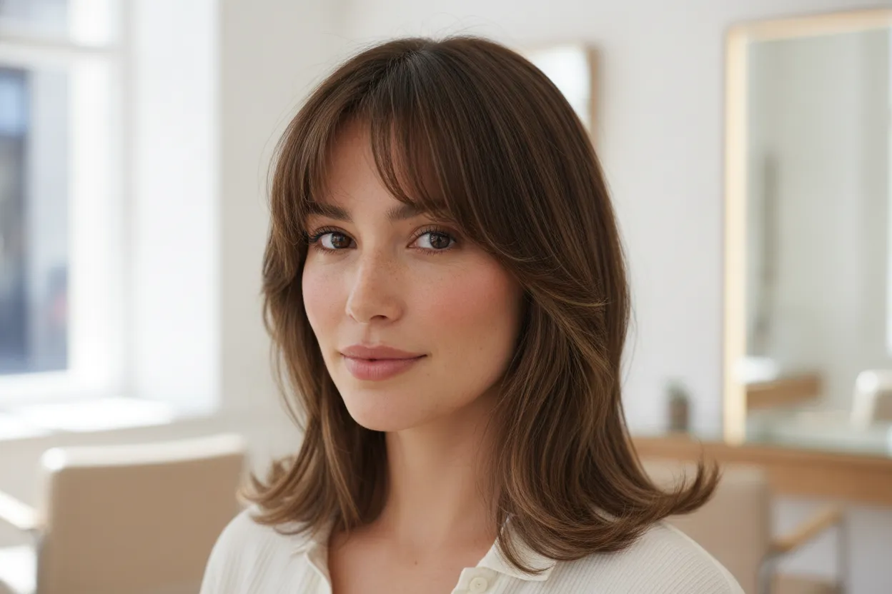 Curtain bangs with subtle highlights around the face