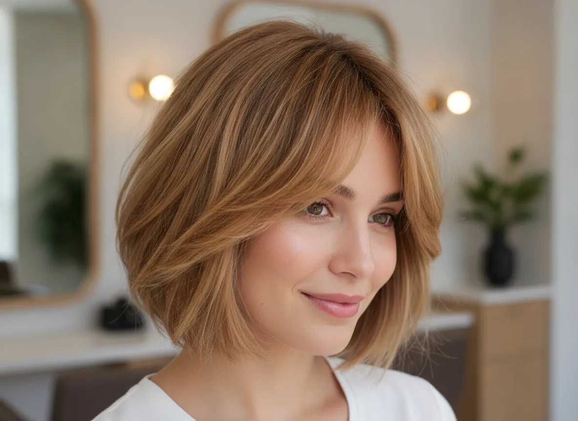 Short wispy curtain fringe with a textured bob