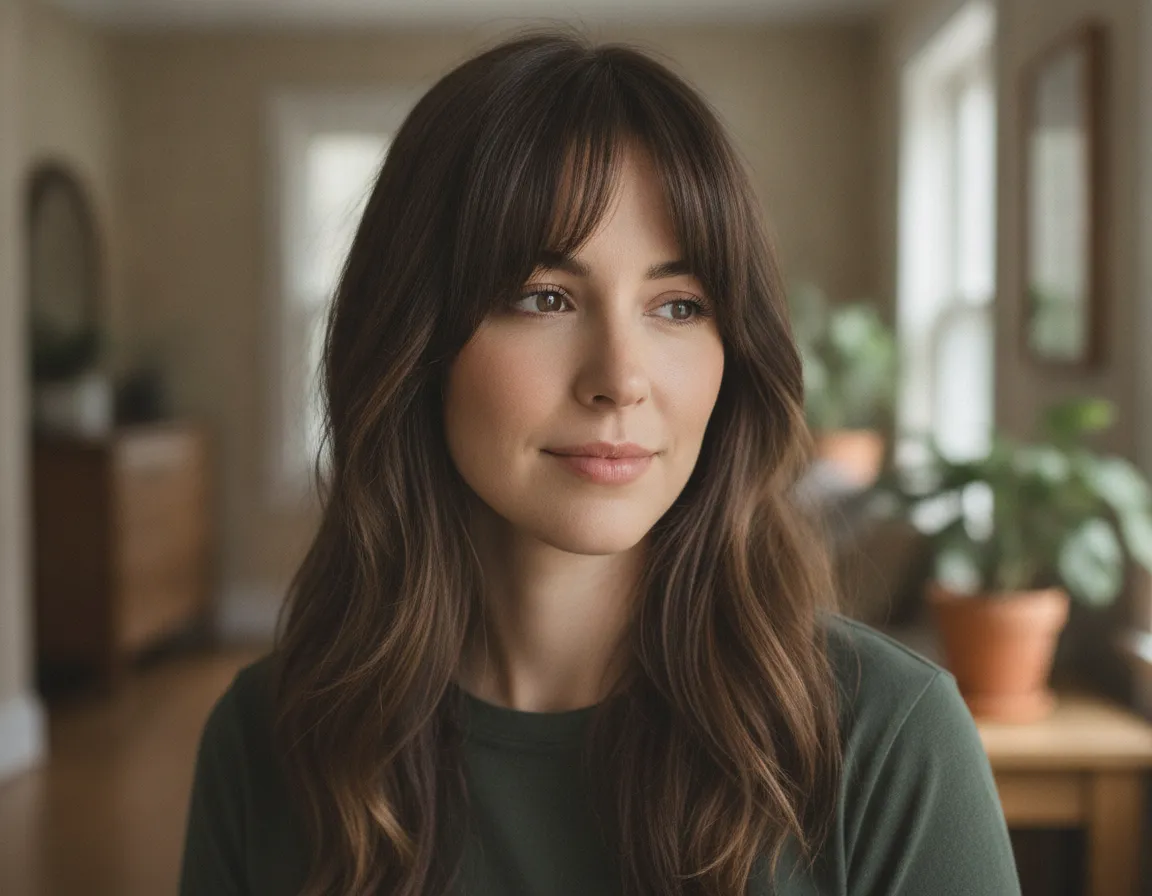 Natural curtain bangs with a relaxed center part