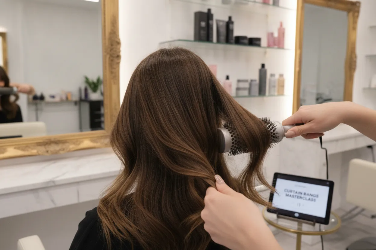 Curtain bangs styled outward with a brush