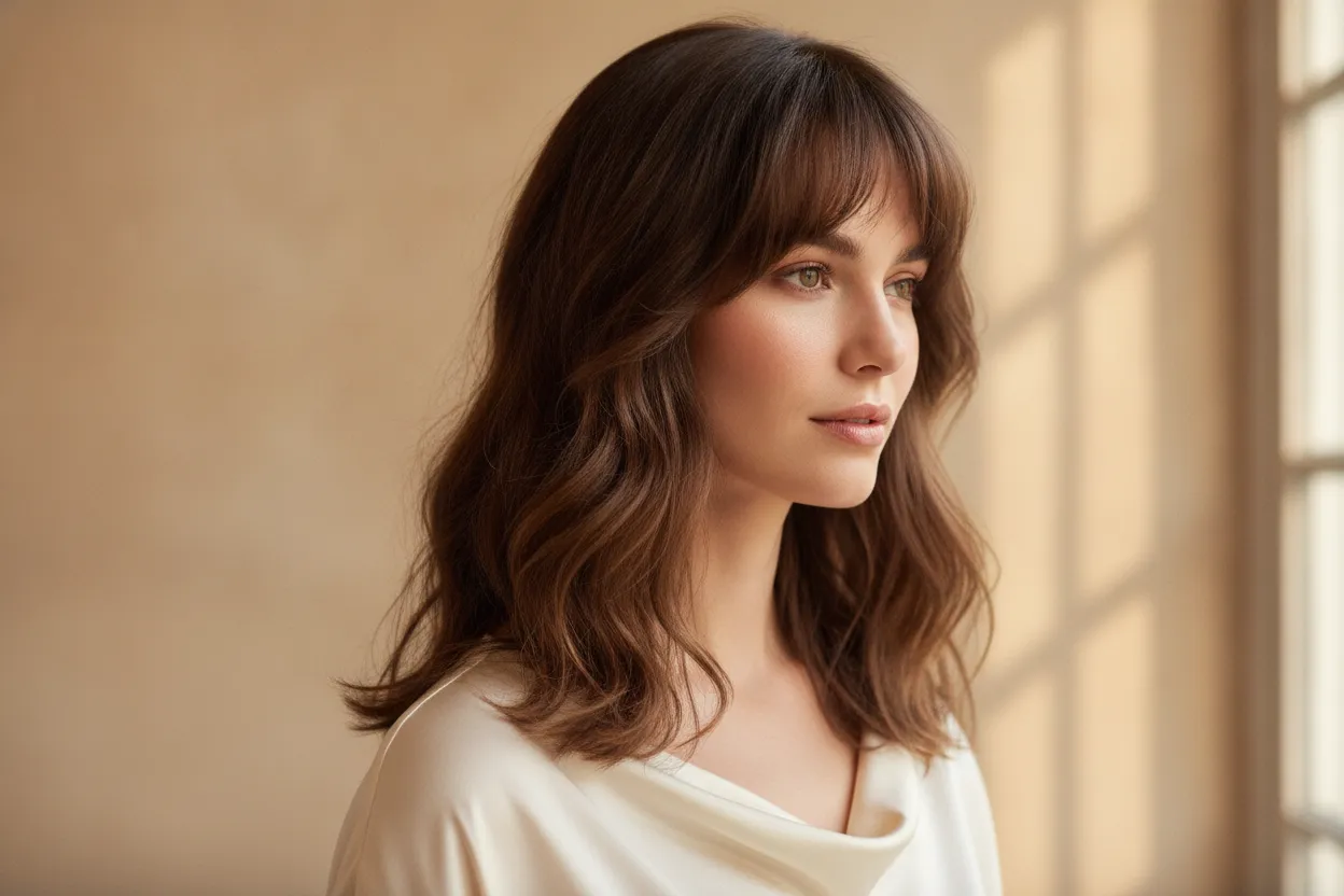 Wavy curtain bangs with a soft textured finish