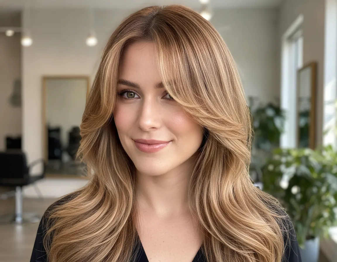 Curtain bangs with soft caramel highlights
