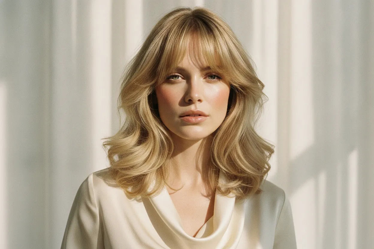 Curtain bangs with flipped layers around the face