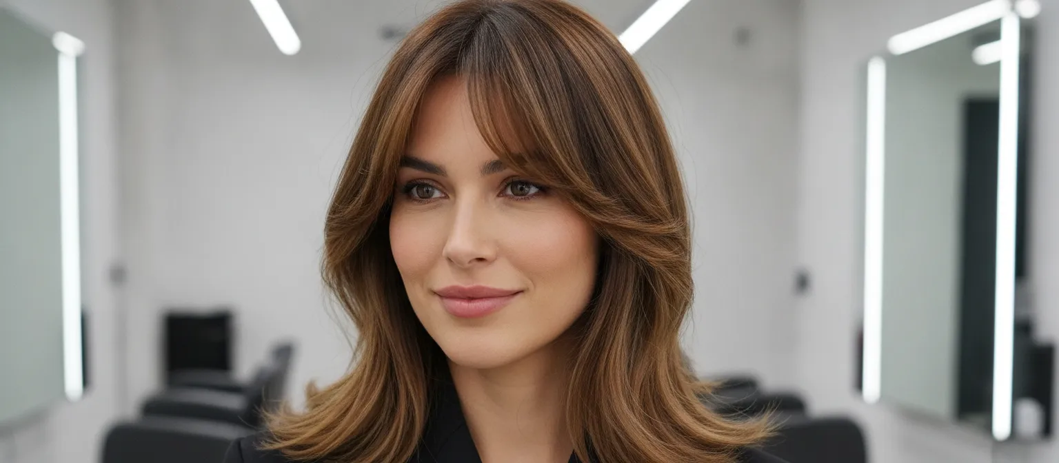 Mid-length feathered layers with curtain bangs