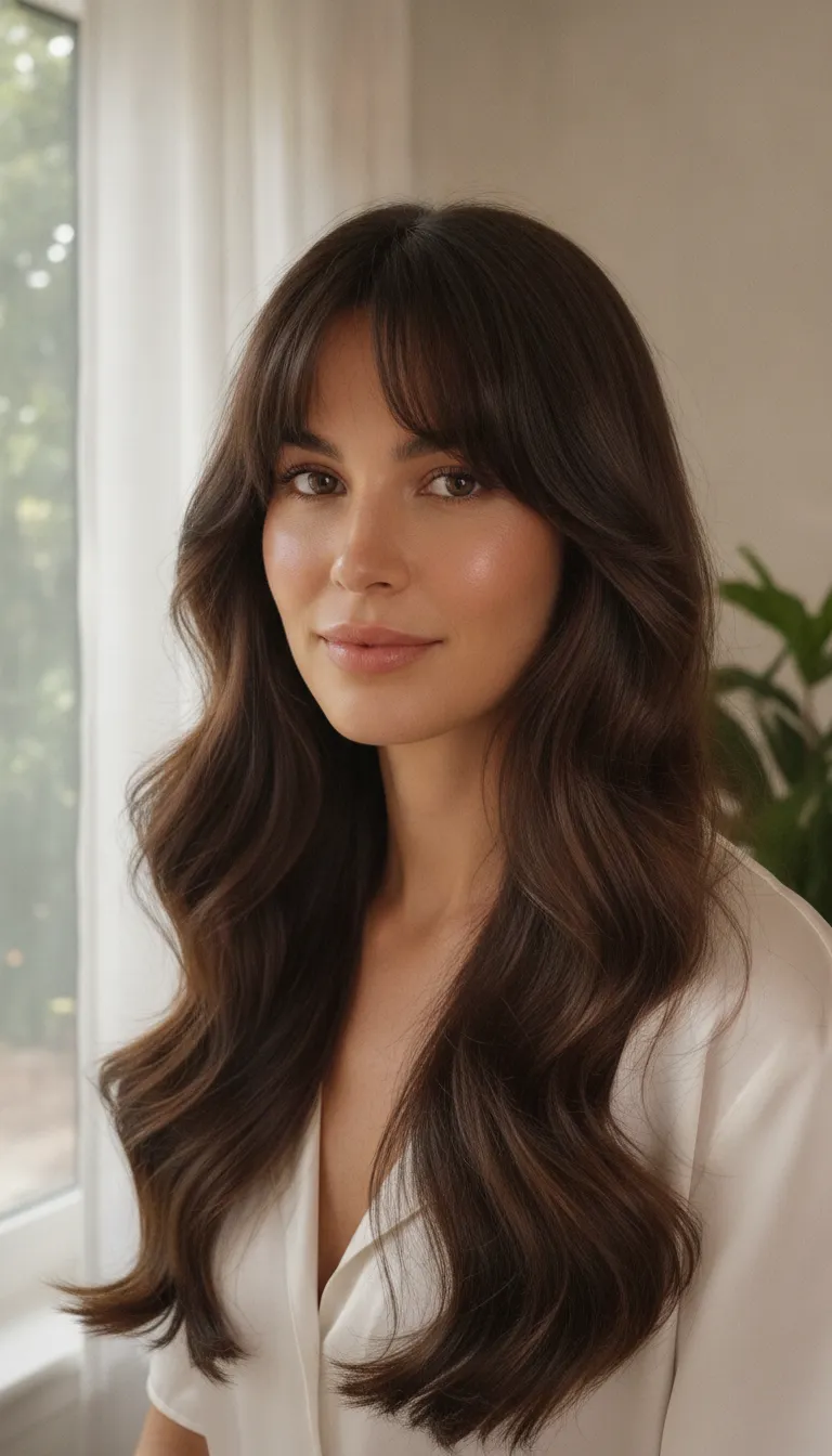 Long curtain bangs with a soft outward curve