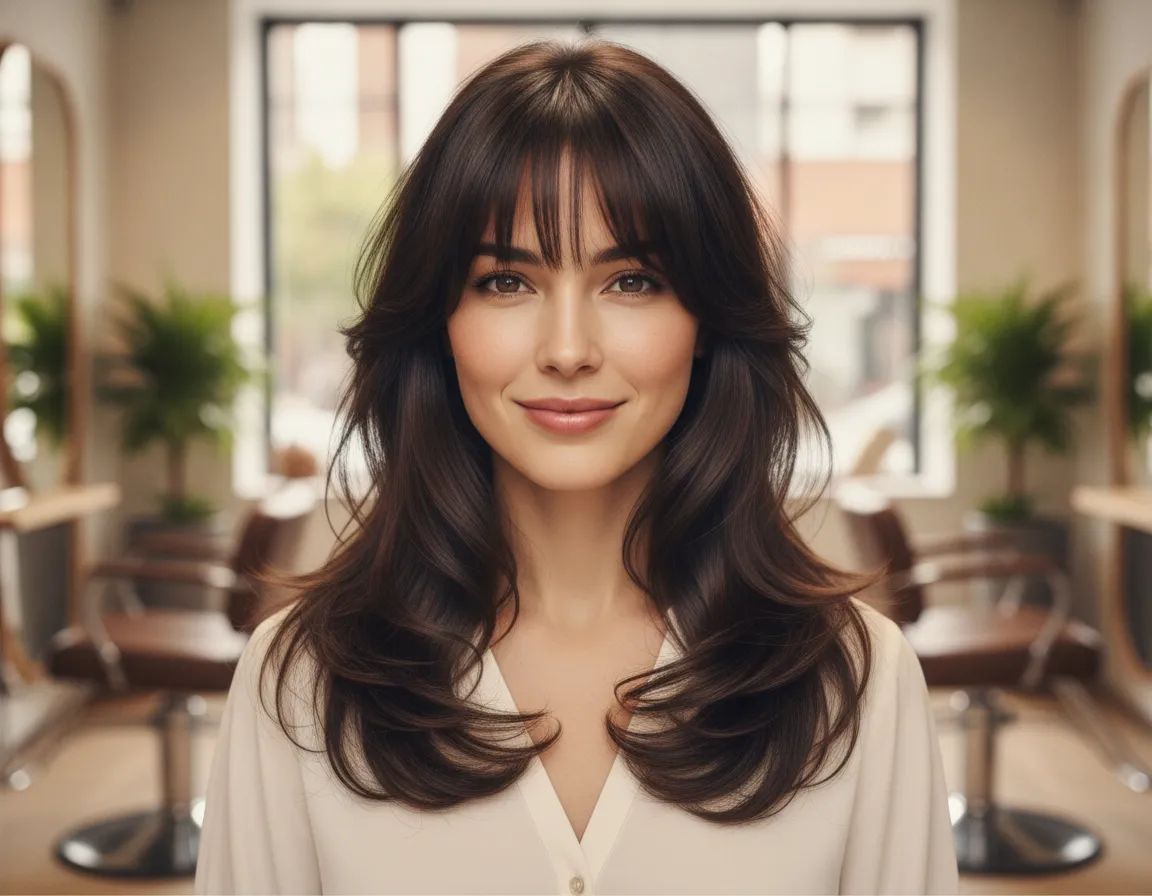 Curtain bangs with natural brunette layers