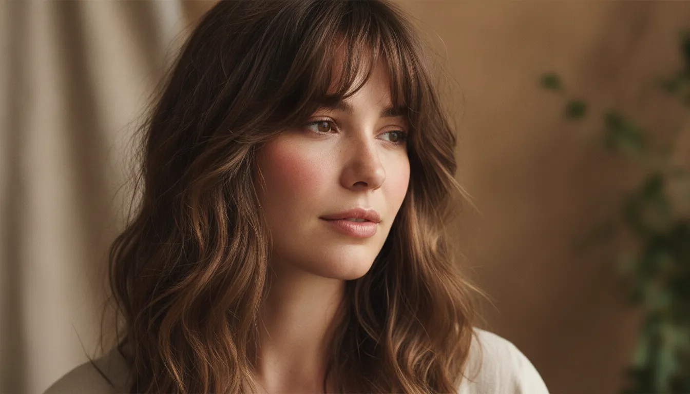 Curtain bangs with a relaxed side part and waves
