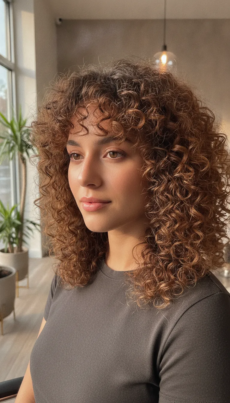 Curly curtain bangs framing the forehead and cheeks