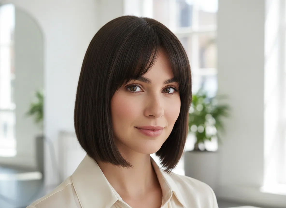 Curtain bangs with a smooth chin length bob