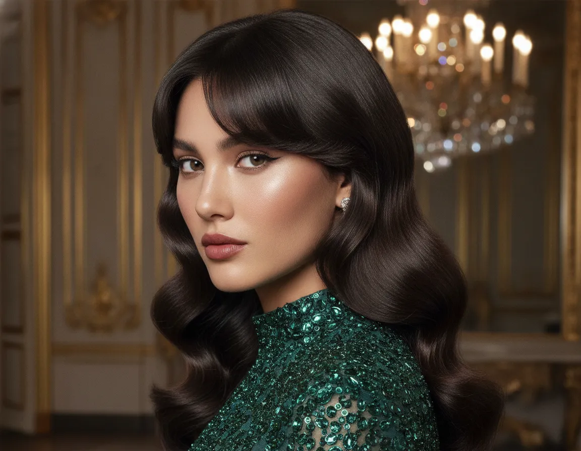 Curtain bangs styled for an elegant evening look