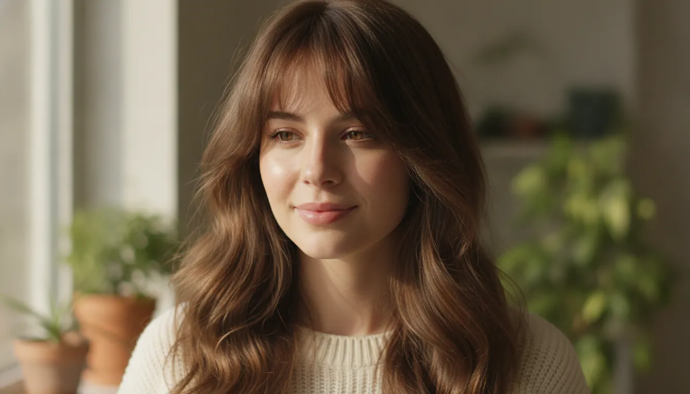 Relaxed curtain bangs with long natural hair