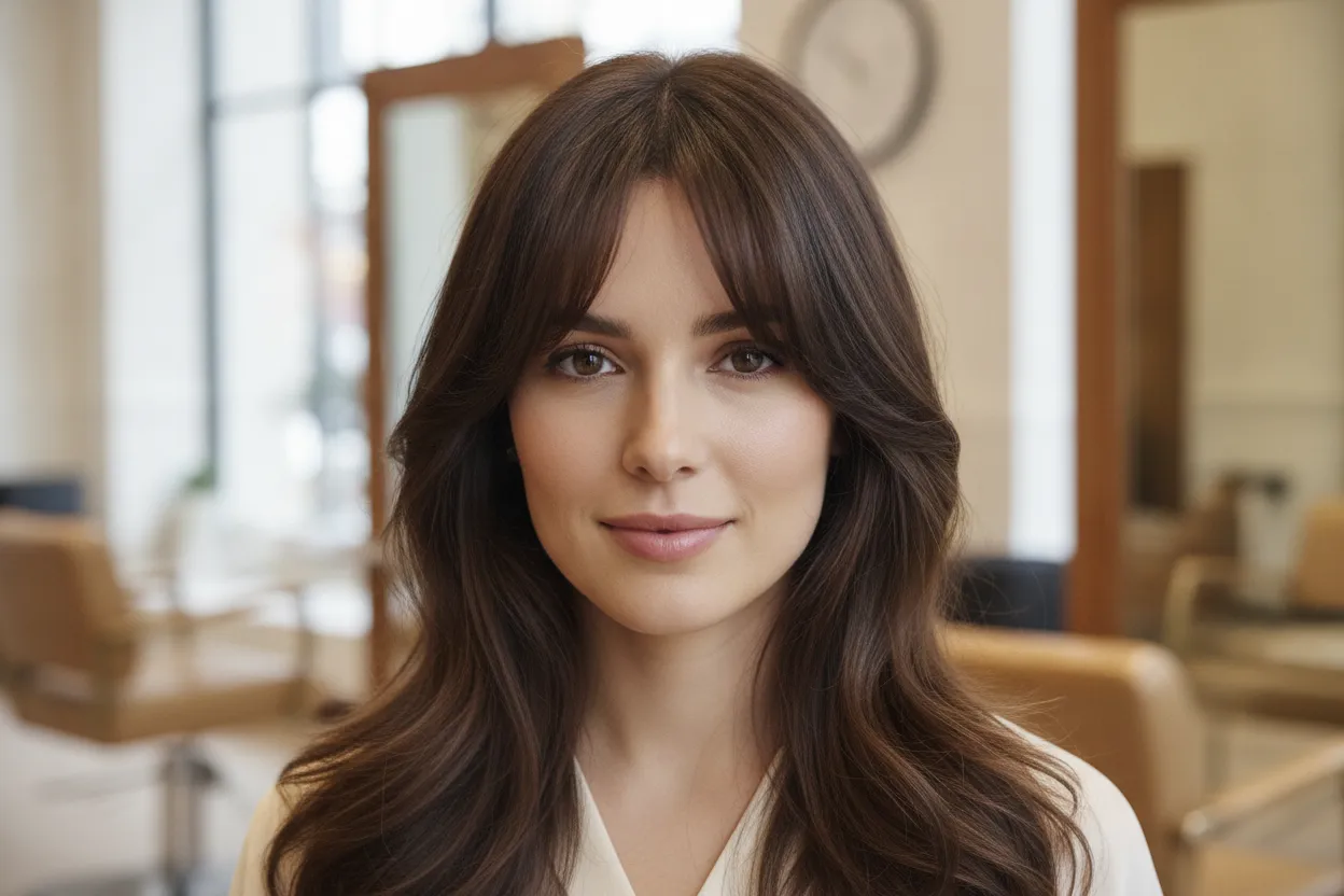 Curtain bangs with soft layers around the eyes