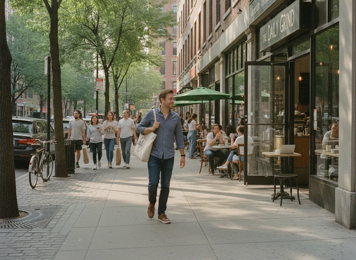 person walking toward a public meeting place for a date