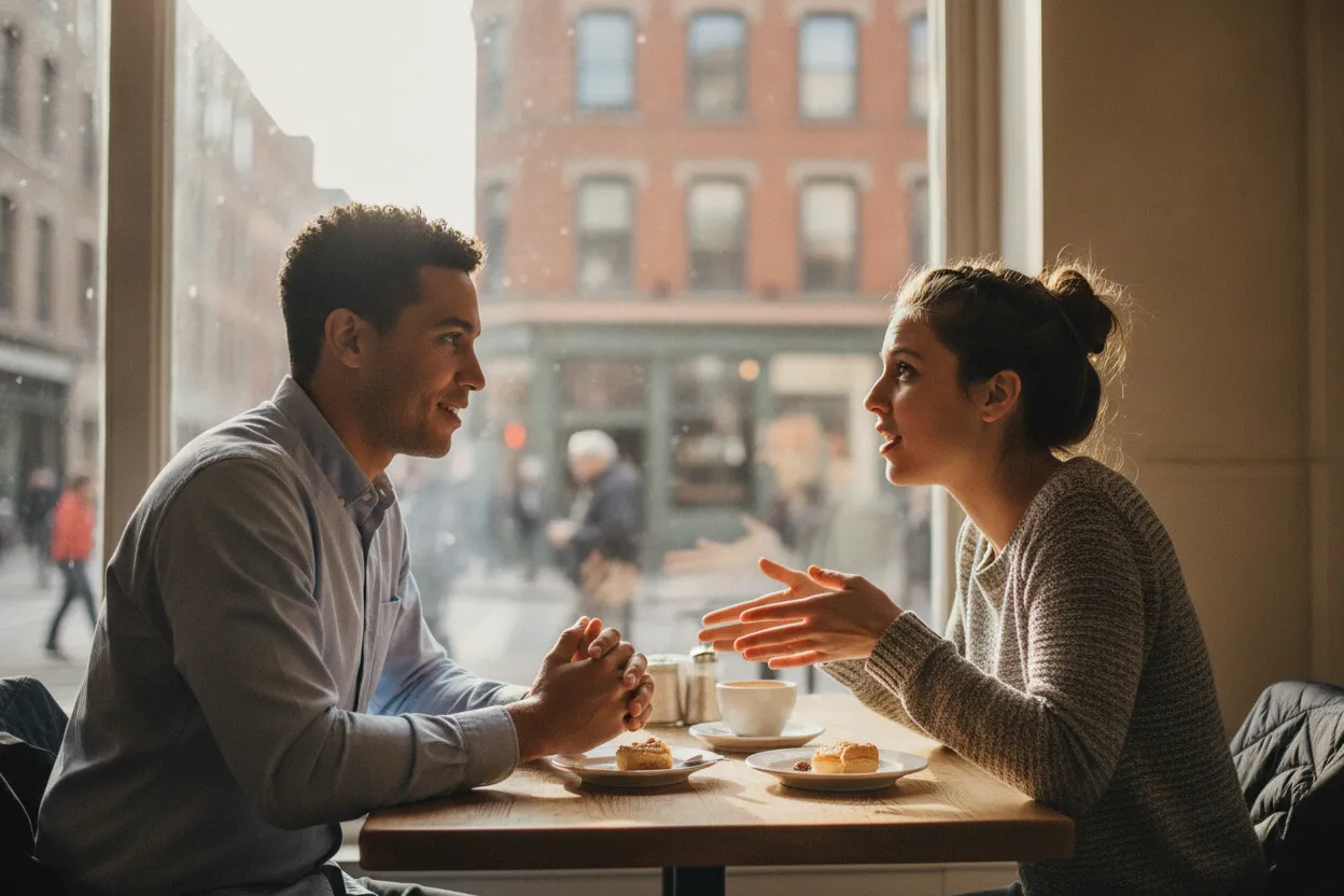 two people talking during a first date in a public cafe