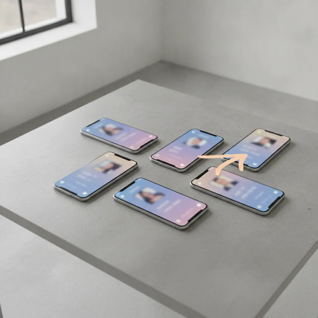 dating app icons represented by abstract phone screens on a table