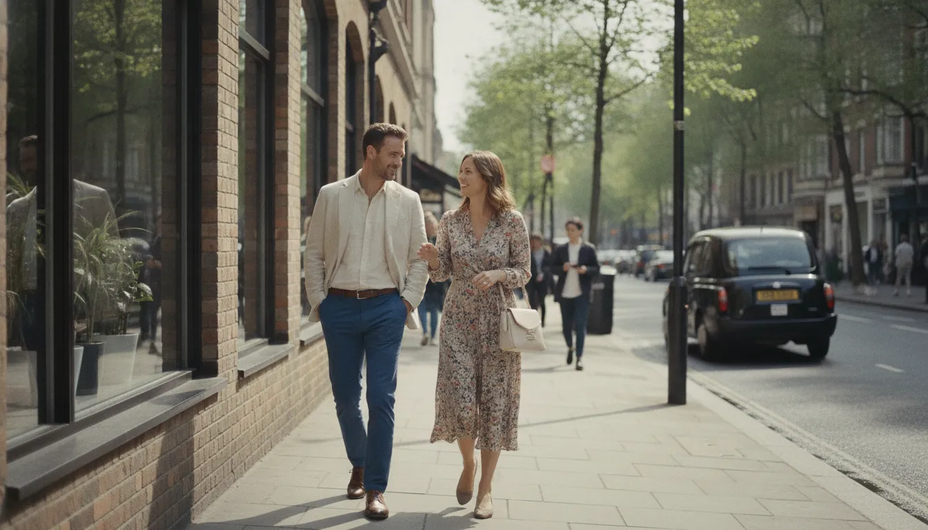 man and woman leaving a cafe after a respectful first date