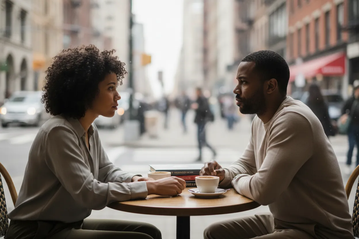 two people having a direct conversation during a casual coffee date
