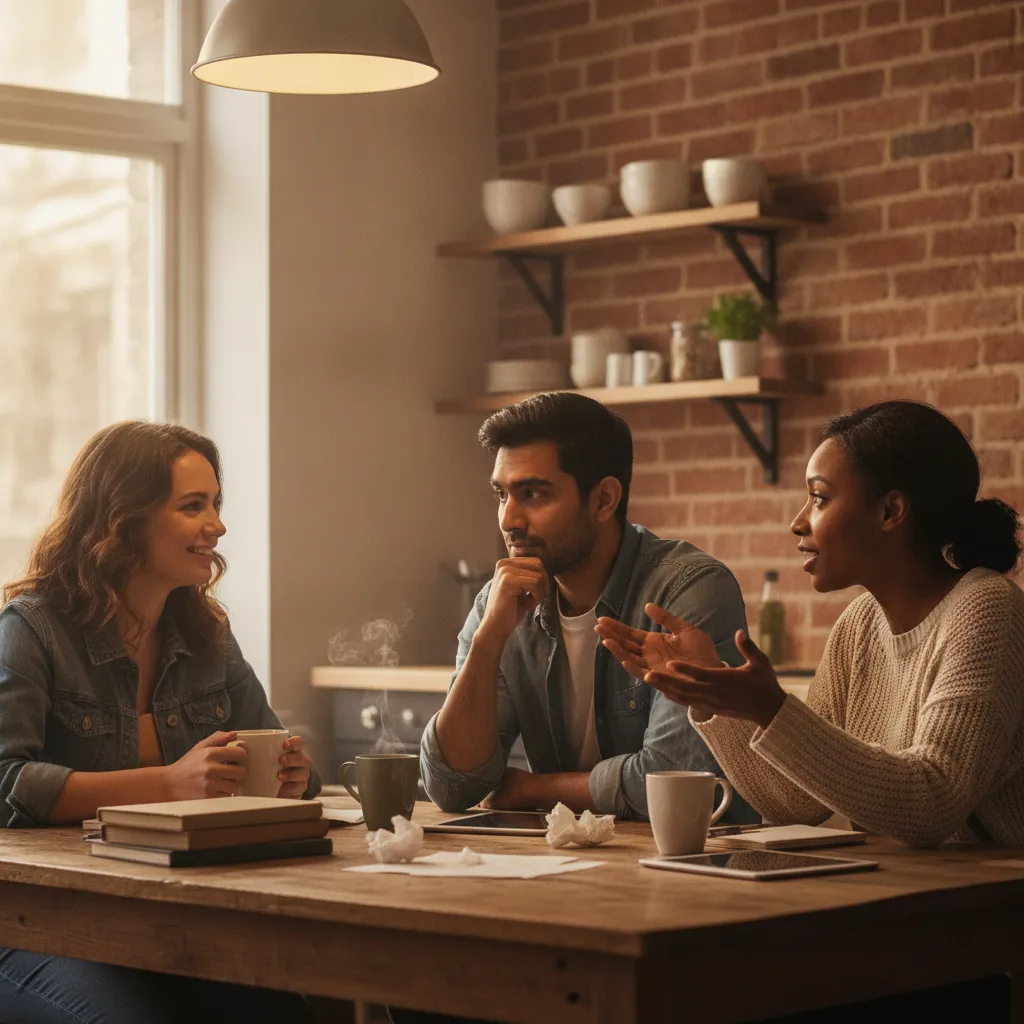 friends discussing a man's experience with modern dating