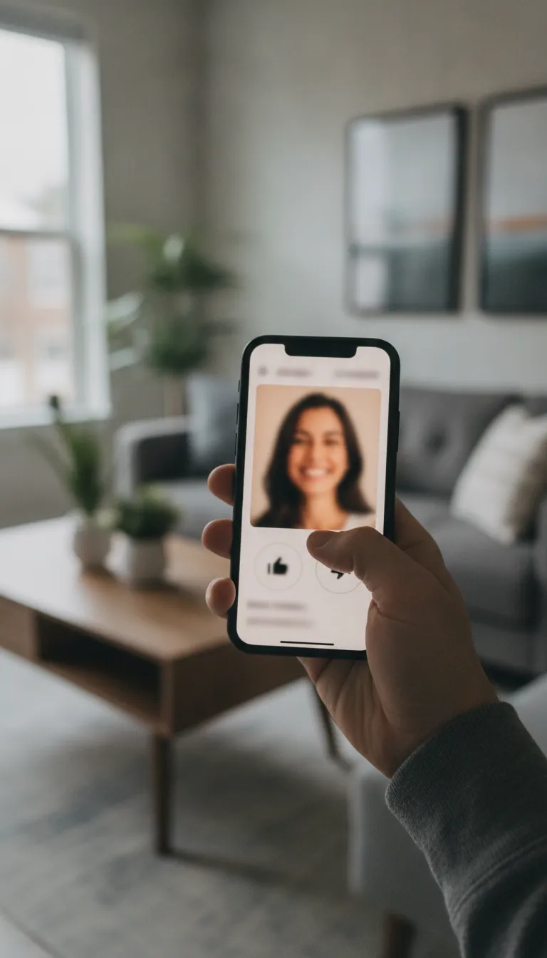 close view of a dating app profile being reviewed on a phone