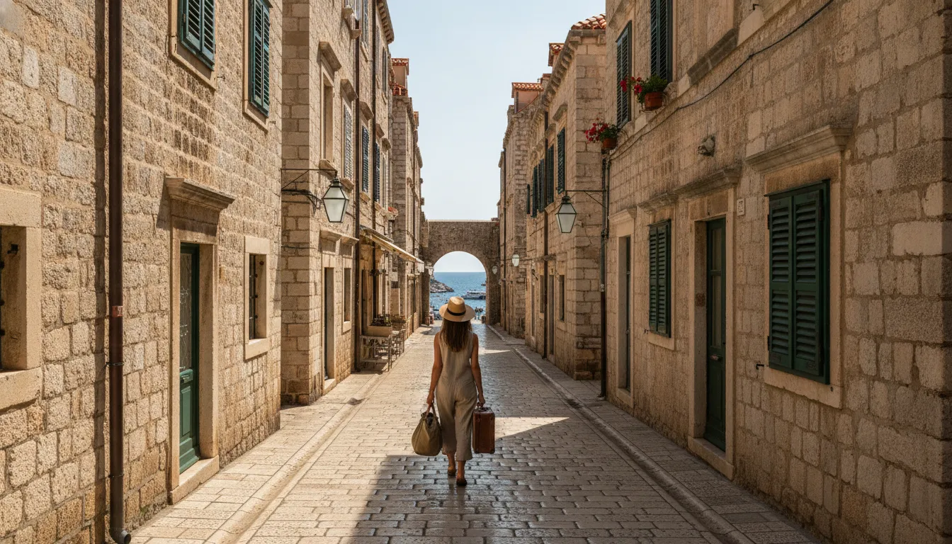 Dubrovnik ban on wheeled suitcases shown on a cobbled old town street