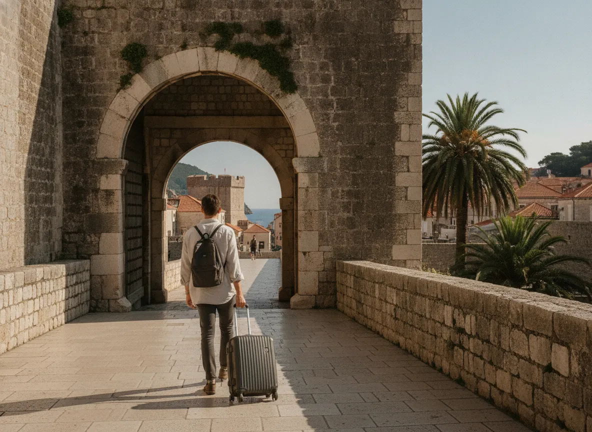 Visitor carrying a suitcase near Dubrovnik old town entrance