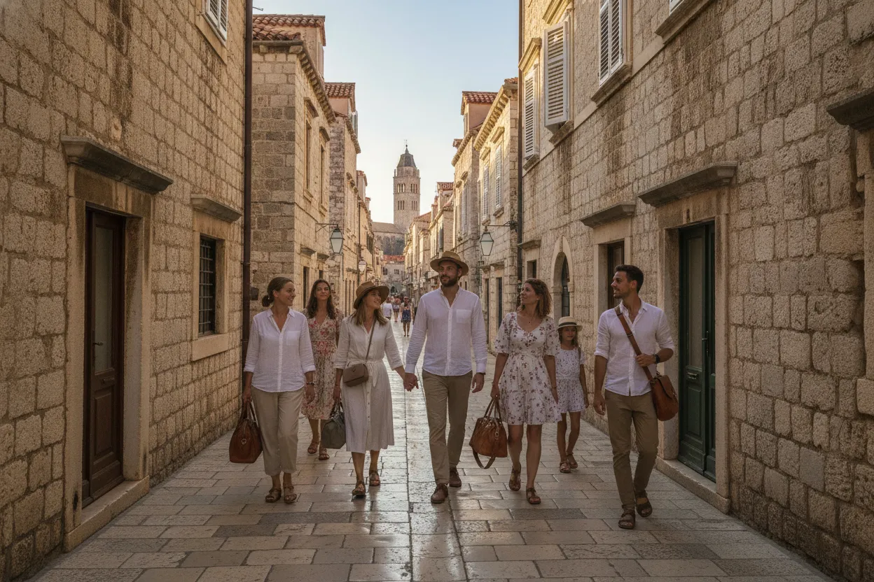 Dubrovnik old town street with visitors and hand-carried travel bags