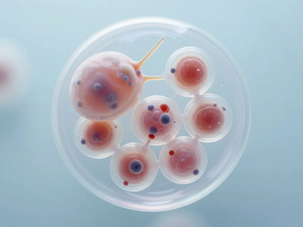Pluripotent stem cells forming an embryo model under a microscope