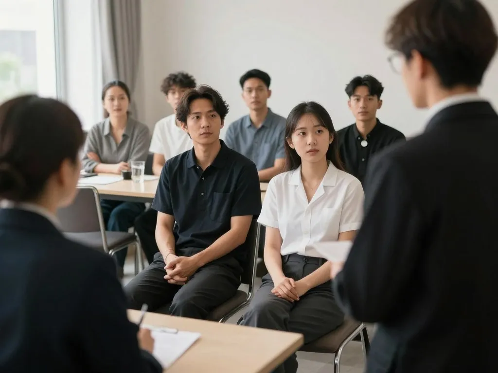 Restaurant employees speaking during a staged workplace confession meeting