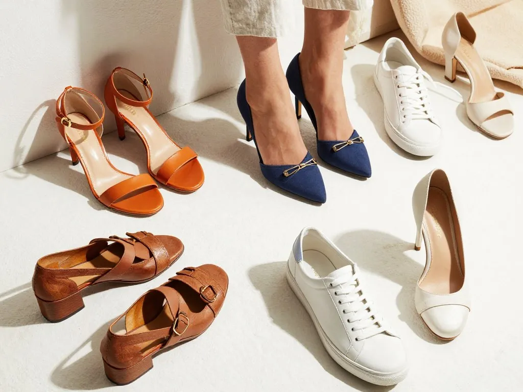 Most fashionable shoes for summer arranged beside colorful clothing