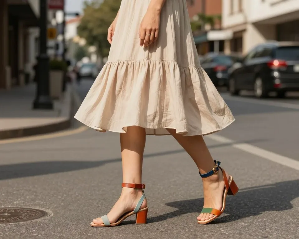 Colorful ankle strap sandals styled with a summer dress