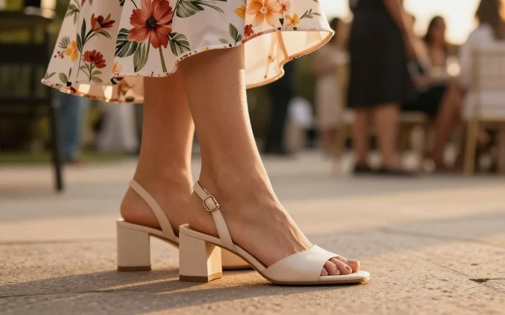 Block heel slingbacks worn with a floral summer dress