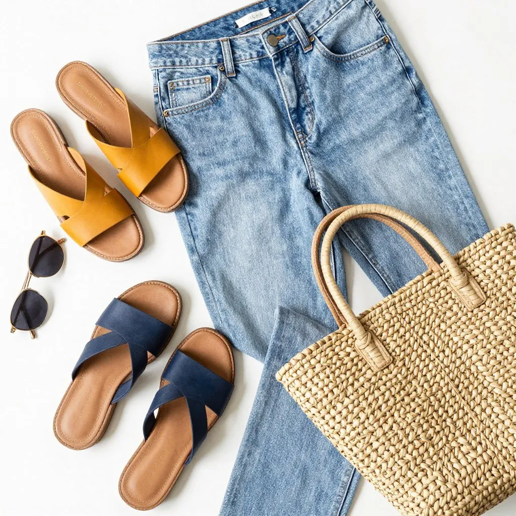 Colorful summer shoes arranged with jeans and lightweight denim
