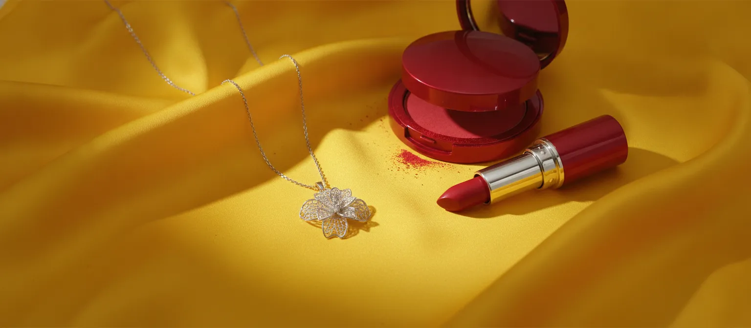 Luxury fashion accessories arranged beside bright couture fabric